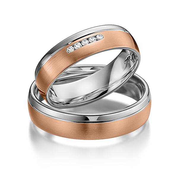 Paar bicolor Trauringe/Eheringe in Graugold 585 Rotgold 585 mit zus. 0,05 ct. Brillant tw, si von acredo
