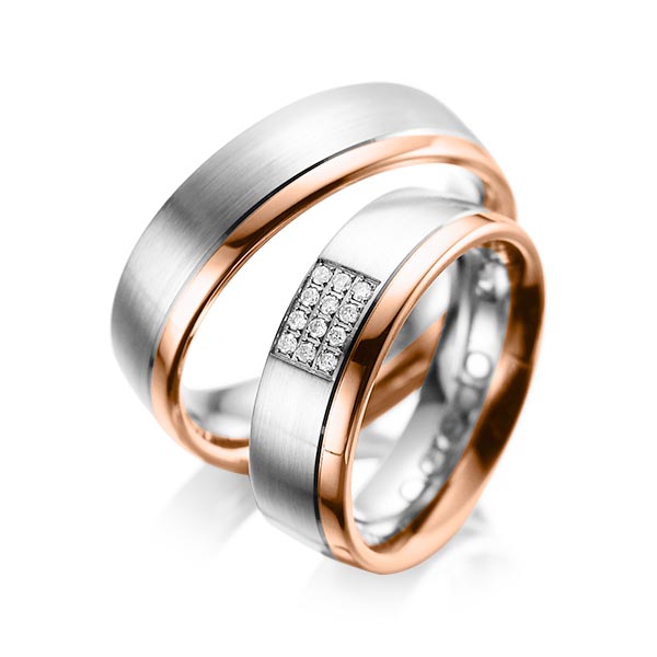 Paar bicolor Trauringe/Eheringe in Graugold 585 Rotgold 585 mit zus. 0,096 ct. Brillant tw, si von acredo - A-1043-7 Paar bicolor Trauringe/Eheringe in Graugold 585 Rotgold 585 mit zus. 0,096 ct. Brillant tw, si von acredo - A-1043-7
