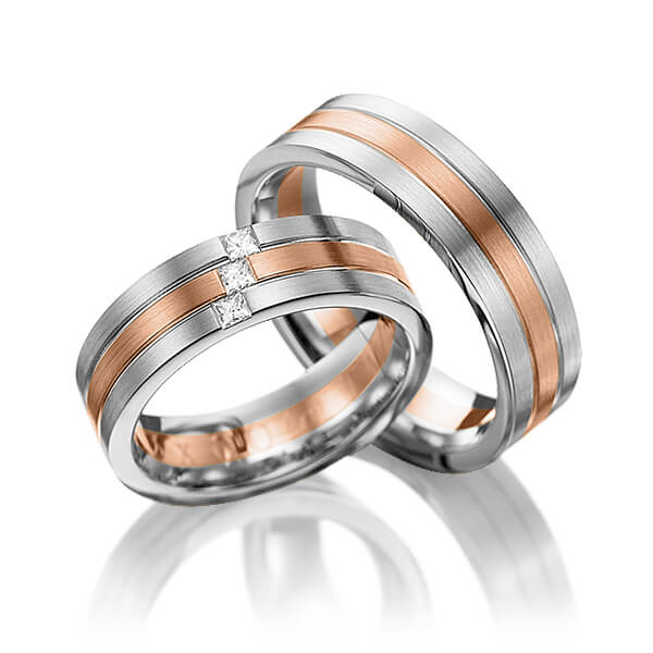 Paar bicolor Trauringe/Eheringe in Graugold 585 Rotgold 585 mit zus. 0,12 ct. Prinzess-Diamant tw, vs von 123GOLD - Y-1094-14 Paar bicolor Trauringe/Eheringe in Graugold 585 Rotgold 585 mit zus. 0,12 ct. Prinzess-Diamant tw, vs von 123GOLD - Y-1094-14