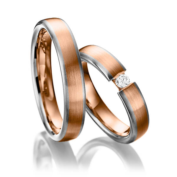 Paar bicolor Trauringe/Eheringe in Graugold 585 Rotgold 585 mit zus. 0,1 ct. Brillant tw, si von Steinberg - Q-1247-13 Paar bicolor Trauringe/Eheringe in Graugold 585 Rotgold 585 mit zus. 0,1 ct. Brillant tw, si von Steinberg - Q-1247-13