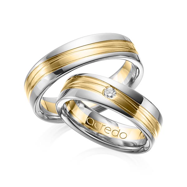 Paar bicolor Trauringe/Eheringe in Graugold 750 Gelbgold 750 mit zus. 0,05 ct. Brillant tw, si von acredo - A-1154-8 Paar bicolor Trauringe/Eheringe in Graugold 750 Gelbgold 750 mit zus. 0,05 ct. Brillant tw, si von acredo - A-1154-8