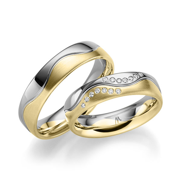 Paar bicolor Trauringe/Eheringe in Graugold 750 Gelbgold 750 mit zus. 0,112 ct. Brillant tw, si von Merii - M-1317-1 Paar bicolor Trauringe/Eheringe in Graugold 750 Gelbgold 750 mit zus. 0,112 ct. Brillant tw, si von Merii - M-1317-1