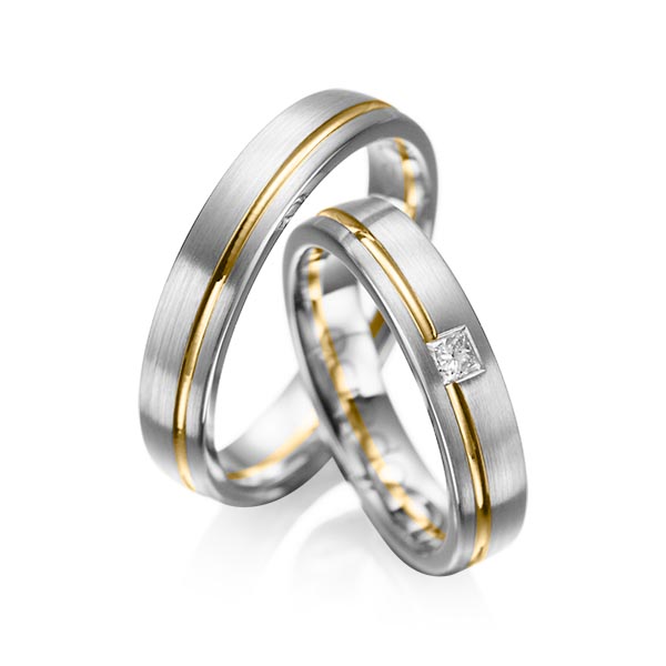 Paar bicolor Trauringe/Eheringe in Graugold 750 Gelbgold 916 mit zus. 0,08 ct. Prinzess-Diamant tw, si von acredo - A-1018-6