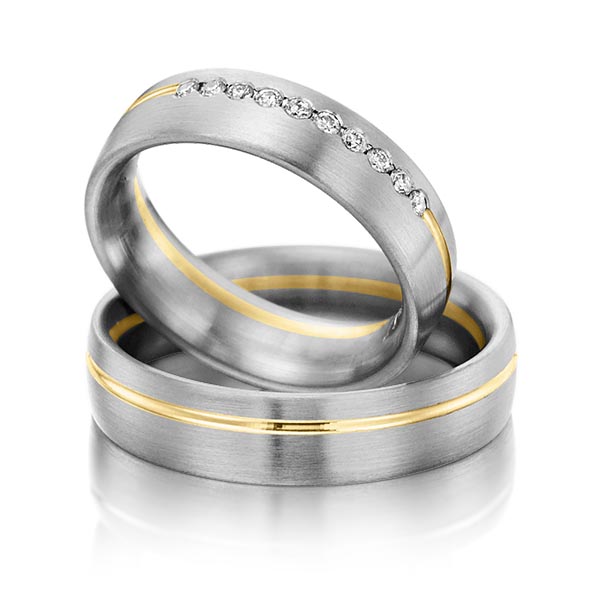 Paar bicolor Trauringe/Eheringe in Graugold dunkel 585 Gelbgold 585 mit zus. 0,15 ct. Brillant tw, si von Steinberg - Q-1202-16 Paar bicolor Trauringe/Eheringe in Graugold dunkel 585 Gelbgold 585 mit zus. 0,15 ct. Brillant tw, si von Steinberg - Q-1202-16