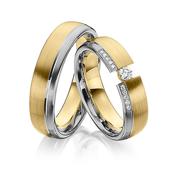 Paar bicolor Trauringe/Eheringe in Graugold dunkel 585 Gelbgold 585 mit zus. 0,15 ct. Brillant tw, si von Steinberg