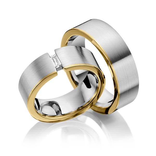 Paar bicolor Trauringe/Eheringe in Graugold dunkel 585 Gelbgold 585 mit zus. 0,1 ct. Baguette-Diamant tw, vs von 123GOLD - Y-1264-4 Paar bicolor Trauringe/Eheringe in Graugold dunkel 585 Gelbgold 585 mit zus. 0,1 ct. Baguette-Diamant tw, vs von 123GOLD - Y-1264-4