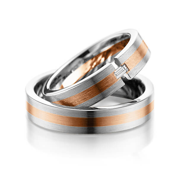 Paar bicolor Trauringe/Eheringe in Graugold dunkel 585 Rotgold 585 mit zus. 0,05 ct. Baguette-Diamant tw, vs von 123GOLD - Y-1075-13 Paar bicolor Trauringe/Eheringe in Graugold dunkel 585 Rotgold 585 mit zus. 0,05 ct. Baguette-Diamant tw, vs von 123GOLD - Y-1075-13