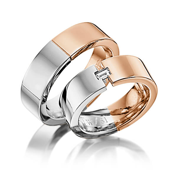 Paar bicolor Trauringe/Eheringe in Graugold dunkel 585 Rotgold 585 mit zus. 0,15 ct. Baguette-Diamant tw, vs von 123GOLD