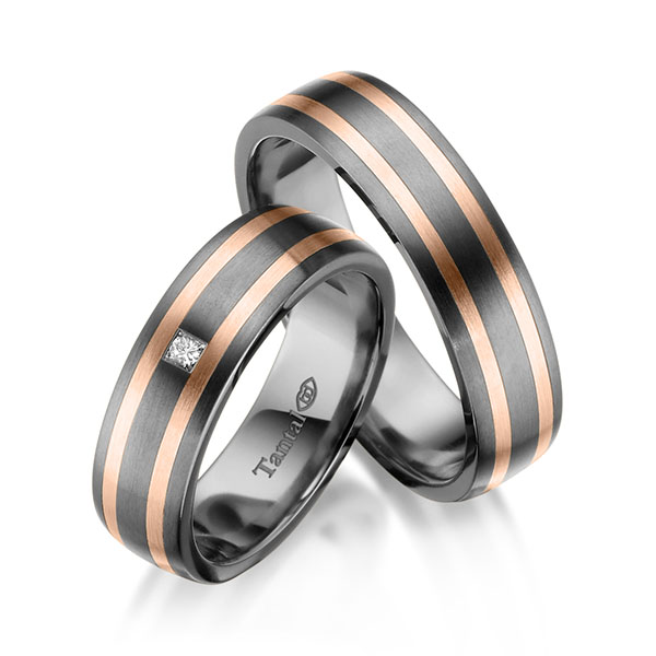 Paar bicolor Trauringe/Eheringe in Innen Tantal 900 , aussen Tantal 900 Rotgold 585 mit zus. 0,04 ct. Brillant tw, si - UQ-1059-3