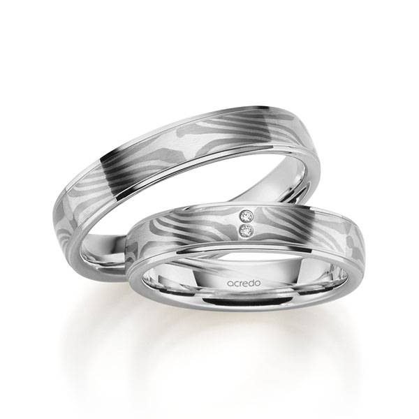 Paar bicolor Trauringe/Eheringe in Mokume Gane Palladium 500, Silber 925 Basis-Ring Graugold 750 mit zus. 0,01 ct. Brillant tw, vs von acredo