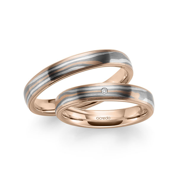 Paar bicolor Trauringe/Eheringe in Mokume Gane Rotgold 585, Silber 925, Palladium 500 Basis-Ring Rotgold 585 mit zus. 0,01 ct. Brillant tw, vs von acredo
