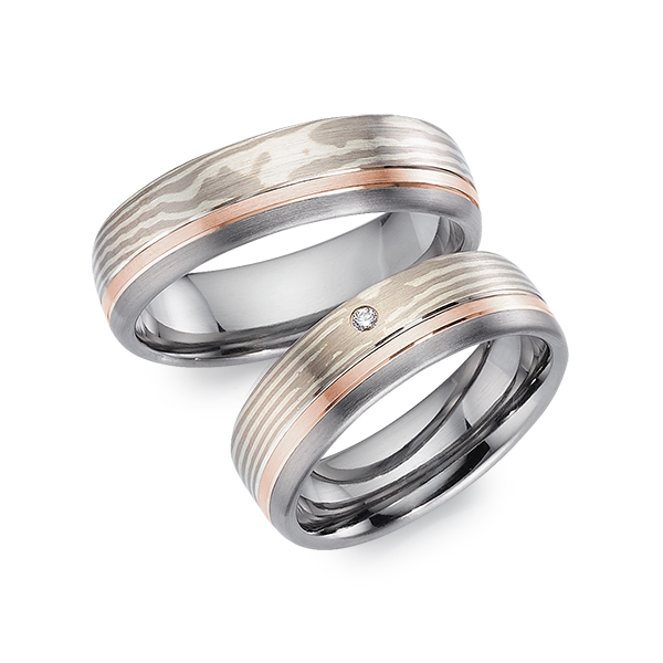 Paar bicolor Trauringe/Eheringe in Mokume Gane Silber 925 Palladium 500 Roségold 585 Tantal 900 mit zus. 0,02 ct. Brillant tw, si - UQ-1135-3 Paar bicolor Trauringe/Eheringe in Mokume Gane Silber 925 Palladium 500 Roségold 585 Tantal 900 mit zus. 0,02 ct. Brillant tw, si - UQ-1135-3