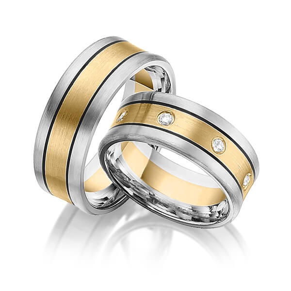 Paar bicolor Trauringe/Eheringe in Palladium 500 Gelbgold 585 mit zus. 0,12 ct. Brillant tw, vs von Merii - M-1162-12 Paar bicolor Trauringe/Eheringe in Palladium 500 Gelbgold 585 mit zus. 0,12 ct. Brillant tw, vs von Merii - M-1162-12