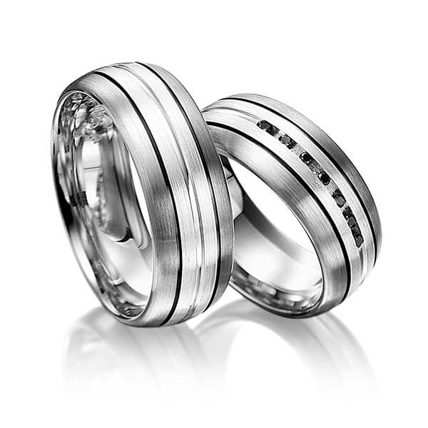 Paar bicolor Trauringe/Eheringe in Palladium 500 Silber 925 mit zus. 0,056 ct. Brillant schwarz von Merii
