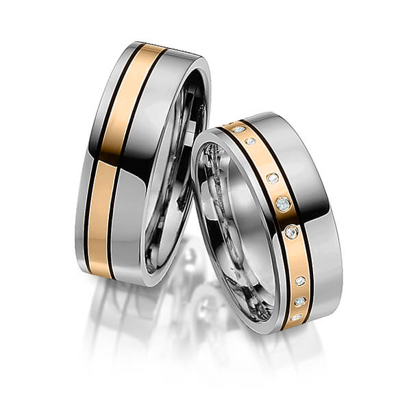 Paar bicolor Trauringe/Eheringe in Palladium 585 Roségold 585 mit zus. 0,06 ct. Brillant tw, vs iceblue von Merii - M-1164-11 Paar bicolor Trauringe/Eheringe in Palladium 585 Roségold 585 mit zus. 0,06 ct. Brillant tw, vs iceblue von Merii - M-1164-11