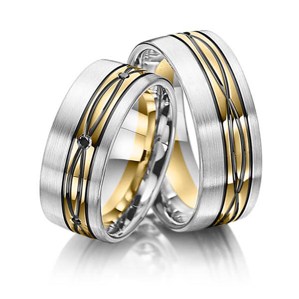 Paar bicolor Trauringe/Eheringe in Palladium 950 Gelbgold 585 mit zus. 0,06 ct. Brillant schwarz von Merii - M-1087-1
