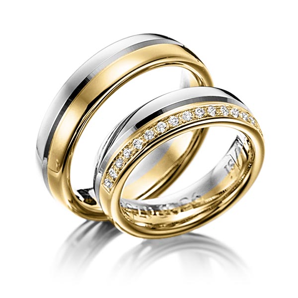 Paar bicolor Trauringe/Eheringe in Palladium 950 Gelbgold 750 mit zus. 0,225 ct. Brillant tw, si von Steinberg
