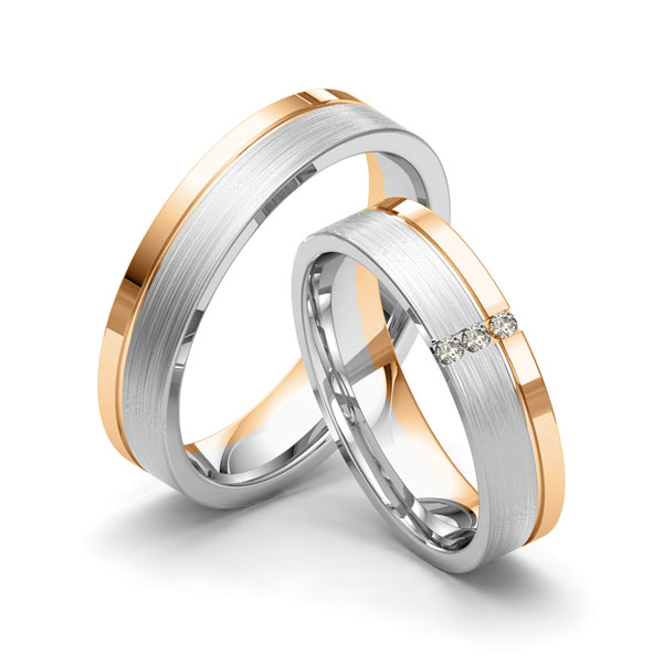 Paar bicolor Trauringe/Eheringe in Palladium 950 Roségold 585 mit zus. 0,03 ct. Brillant tw, si von Merii - M-1166-7