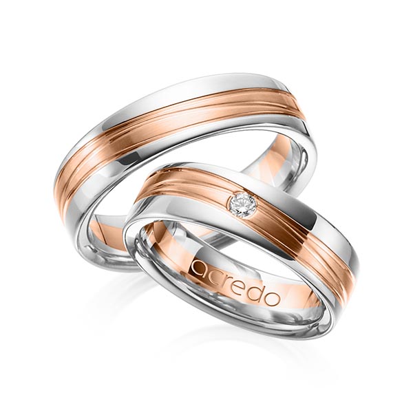 Paar bicolor Trauringe/Eheringe in Palladium 950 Rotgold 750 mit zus. 0,05 ct. Brillant tw, si von acredo - A-1154-3