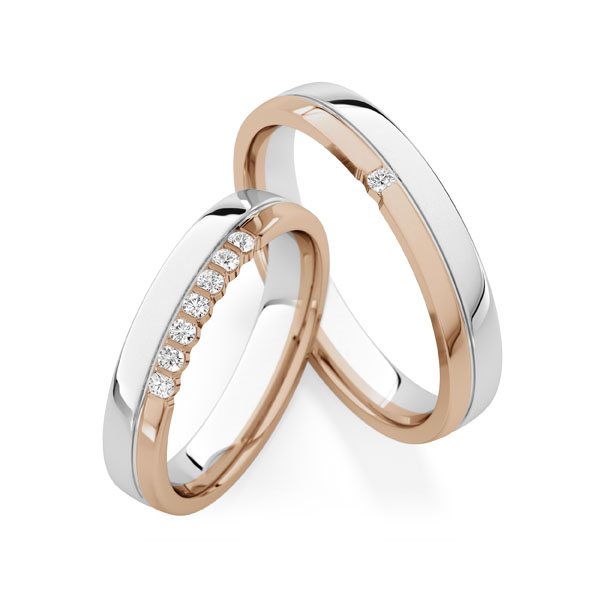 Paar bicolor Trauringe/Eheringe in Peach-Gold 585 Weißgold 585 mit zus. 0,16 ct. tw, vs von Steinberg