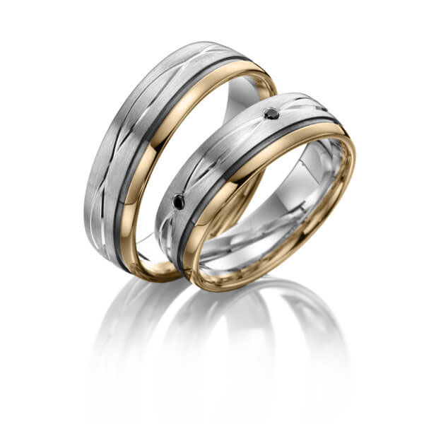 Paar bicolor Trauringe/Eheringe in Platin 600 Roségold 750 mit zus. 0,05 ct. Brillant schwarz von Merii