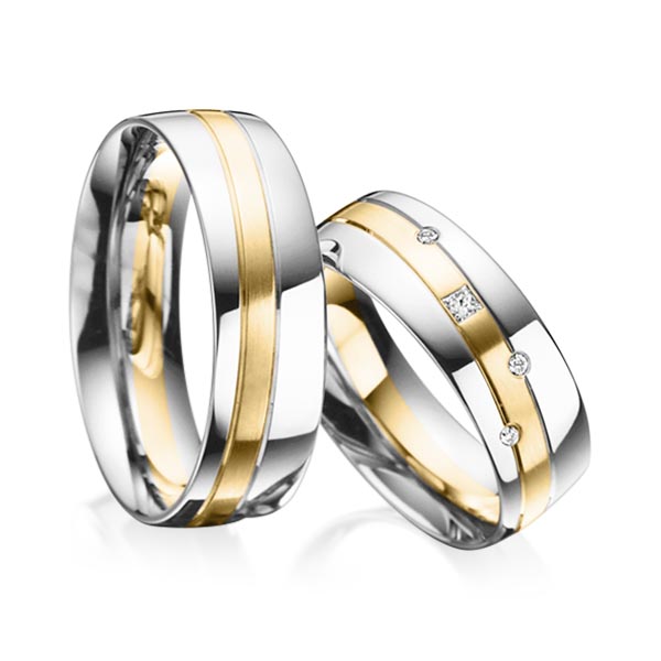 Paar bicolor Trauringe/Eheringe in Platin 950 Gelbgold 750 mit zus. 0,07 ct. Prinzess-Diamant & Brillant tw, si von acredo - A-3019-4 Paar bicolor Trauringe/Eheringe in Platin 950 Gelbgold 750 mit zus. 0,07 ct. Prinzess-Diamant & Brillant tw, si von acredo - A-3019-4