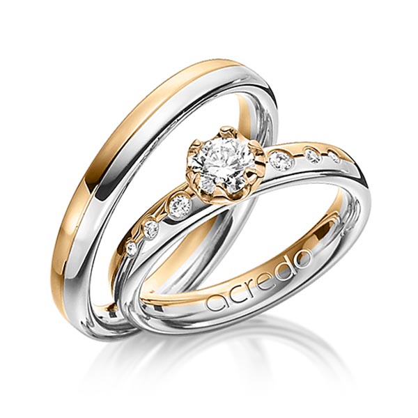 Paar bicolor Trauringe/Eheringe in Platin 950 Roségold 750 mit 0,4 ct. + zus. 0,1 ct. Brillant tw, vs von acredo