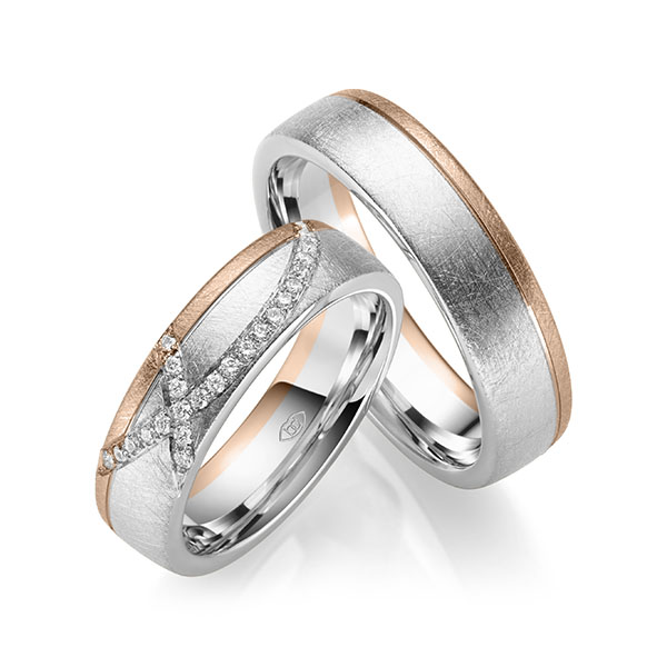 Paar bicolor Trauringe/Eheringe in Platin 950 Rotgold 750 mit zus. 0,168 ct. Brillant tw, si - UQ-1050-5 Paar bicolor Trauringe/Eheringe in Platin 950 Rotgold 750 mit zus. 0,168 ct. Brillant tw, si - UQ-1050-5
