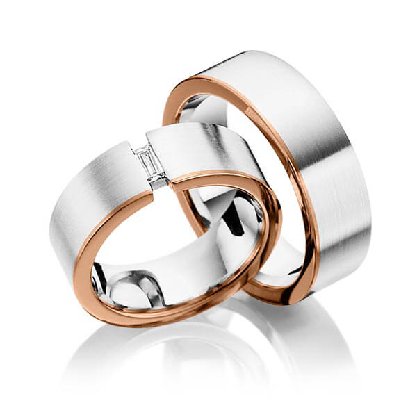 Paar bicolor Trauringe/Eheringe in Platin 950 Rotgold 750 mit zus. 0,1 ct. Baguette-Diamant tw, vs von 123GOLD