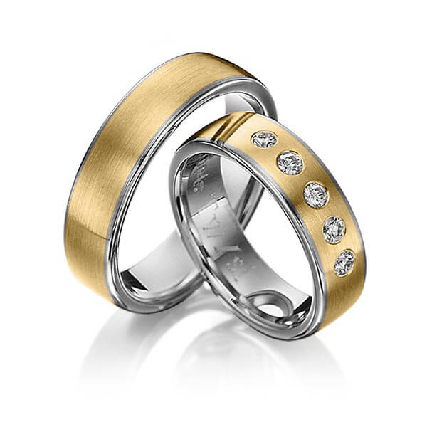 Paar bicolor Trauringe/Eheringe in Ring Graugold dunkel 585 , Inlay Gelbgold 585 mit zus. 0,25 ct. Brillant tw, si von 123GOLD - Y-1154-9