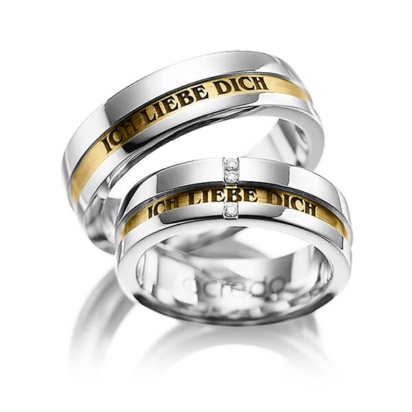 Paar bicolor Trauringe/Eheringe in River Platin 950 Gelbgold 750 mit zus. 0,03 ct. Brillant tw, si von acredo - A-1032-1