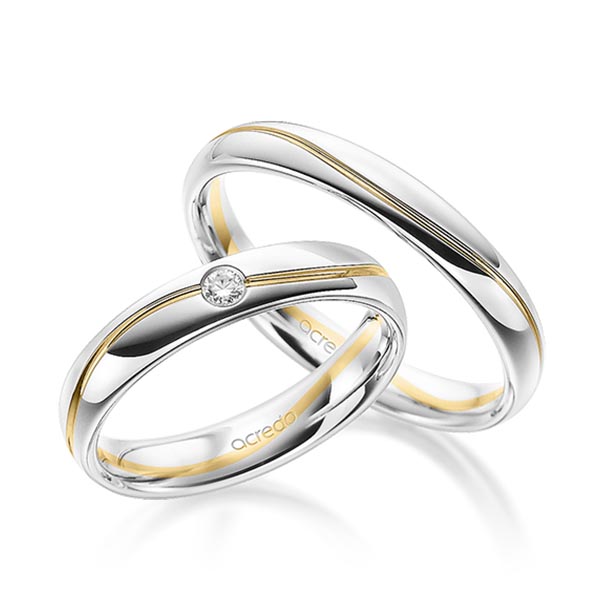 Paar bicolor Trauringe/Eheringe in River Platin 950 Gelbgold 750 mit zus. 0,05 ct. Brillant tw, si von acredo - A-1695-2
