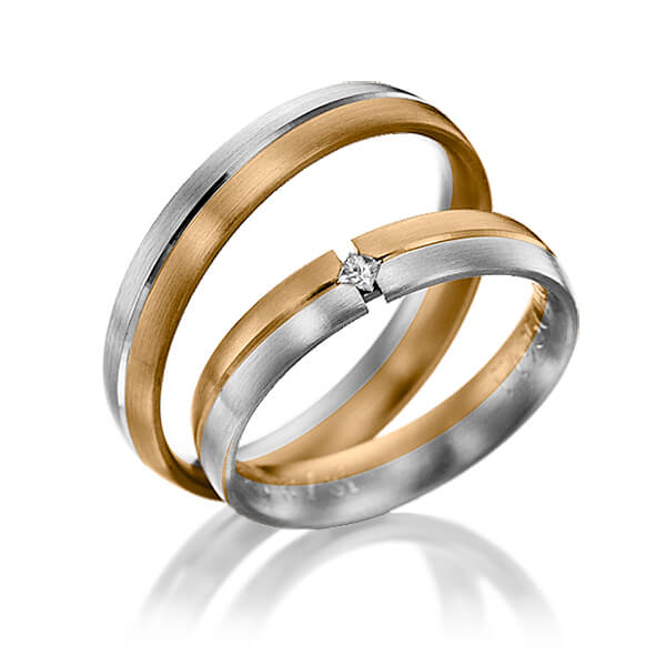 Paar bicolor Trauringe/Eheringe in Roségold 585 Graugold 585 mit zus. 0,03 ct. Prinzess-Diamant tw, si von 123gold - Y-1036-7 Paar bicolor Trauringe/Eheringe in Roségold 585 Graugold 585 mit zus. 0,03 ct. Prinzess-Diamant tw, si von 123gold - Y-1036-7