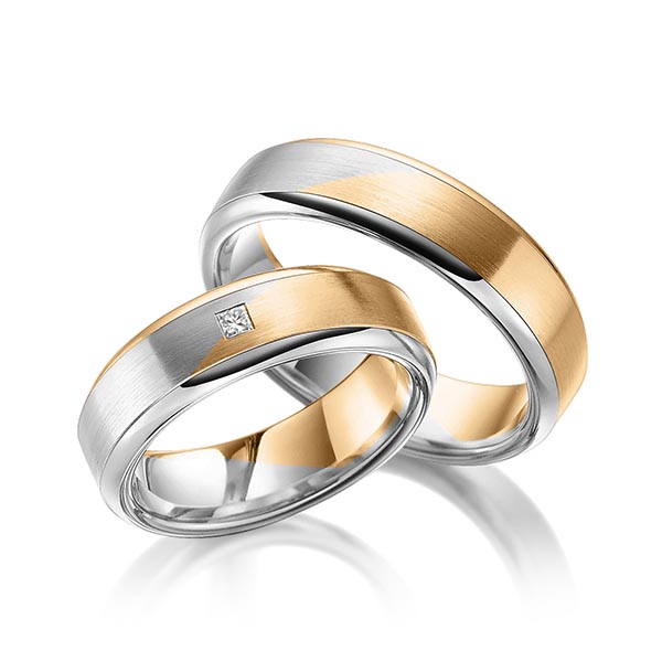 Paar bicolor Trauringe/Eheringe in Roségold 585 Graugold 585 mit zus. 0,05 ct. Prinzess-Diamant tw, vs von 123GOLD