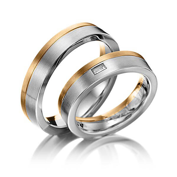 Paar bicolor Trauringe/Eheringe in Roségold 585 Graugold 585 mit zus. 0,06 ct. Baguette-Diamant tw, vs von 123GOLD