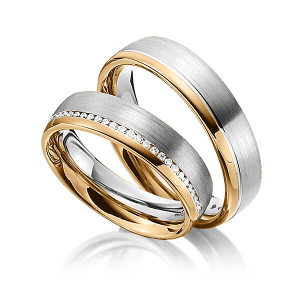 Paar bicolor Trauringe/Eheringe in Roségold 585 Graugold 585 mit zus. 0,145 ct. Brillant tw, si von Steinberg