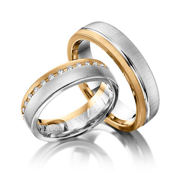 Paar bicolor Trauringe/Eheringe in Roségold 585 Graugold 585 mit zus. 0,15 ct. Brillant tw, si von 123GOLD