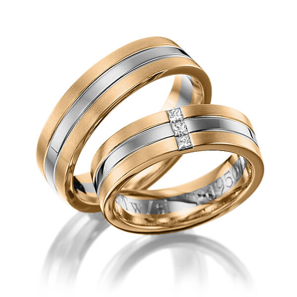 Paar bicolor Trauringe/Eheringe in Roségold 585 Graugold dunkel 585 mit zus. 0,12 ct. Prinzess-Diamant tw, si von 123GOLD
