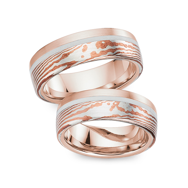 Paar bicolor Trauringe/Eheringe in Roségold 585 Mokume Gane Silber 925 Kupfer - UQ-1141-5 Paar bicolor Trauringe/Eheringe in Roségold 585 Mokume Gane Silber 925 Kupfer - UQ-1141-5