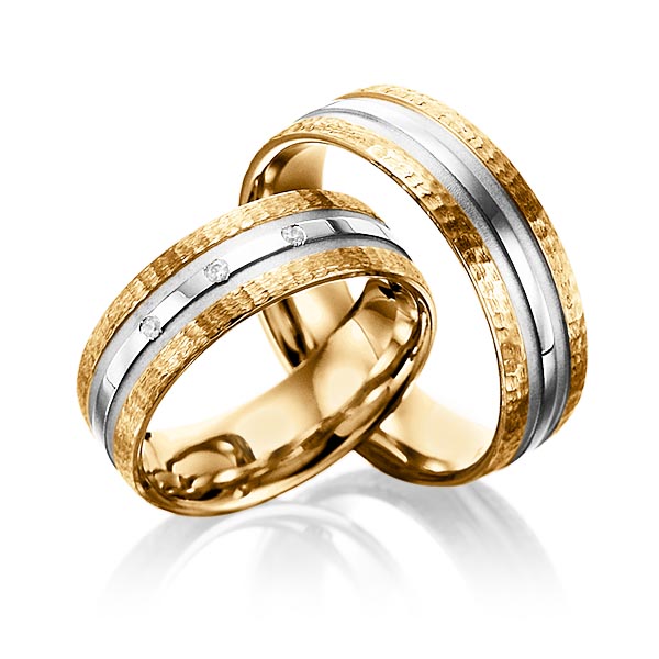 Paar bicolor Trauringe/Eheringe in Roségold 585 Weißgold 585 gehämmert Struktur, mit zus. 0,03 ct. Brillant tw, si von Merii