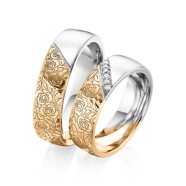 Paar bicolor Trauringe/Eheringe in Roségold 585 Weißgold 585 Laser Struktur mit zus. 0,06 ct. Brillant tw, si von 123GOLD
