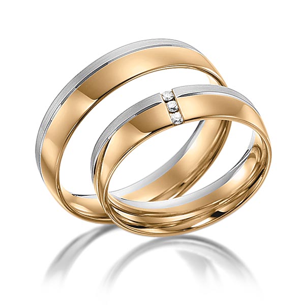 Paar bicolor Trauringe/Eheringe in Roségold 585 Weissgold 585 mit zus. 0,03 ct. Brillant tw, si von acredo