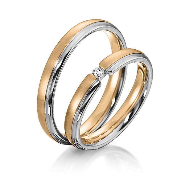 Paar bicolor Trauringe/Eheringe in Roségold 585 Weißgold 585 mit zus. 0,05 ct. Brillant tw, si von acredo