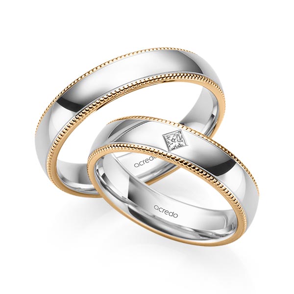 Paar bicolor Trauringe/Eheringe in Roségold 585 Weißgold 585 mit zus. 0,05 ct. Prinzess-Diamant tw, si von acredo