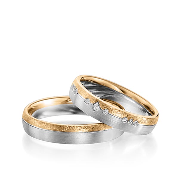 Paar bicolor Trauringe/Eheringe in Roségold 585 Weißgold 585 mit zus. 0,11 ct. Brillant & Prinzess-Diamant tw, si von Steinberg - Q-1153-3 Paar bicolor Trauringe/Eheringe in Roségold 585 Weißgold 585 mit zus. 0,11 ct. Brillant & Prinzess-Diamant tw, si von Steinberg - Q-1153-3