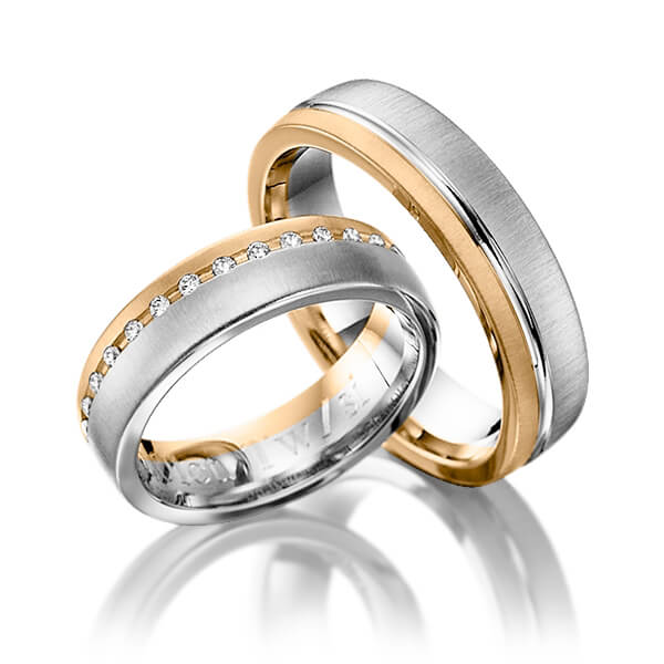 Paar bicolor Trauringe/Eheringe in Roségold 585 Weißgold 585 mit zus. 0,15 ct. Brillant tw, si von Steinberg Paar bicolor Trauringe/Eheringe in Roségold 585 Weißgold 585 mit zus. 0,15 ct. Brillant tw, si von Steinberg