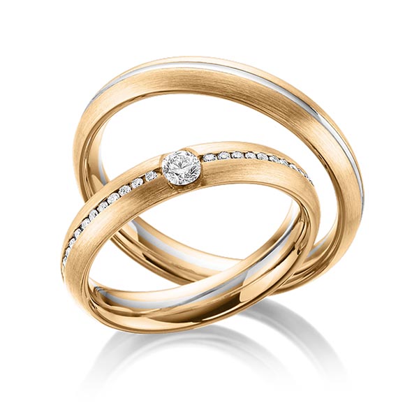 Paar bicolor Trauringe/Eheringe in Roségold 585 Weissgold 585 mit zus. 0,22 ct. Brillant tw, si von Steinberg - Q-1481-3 Paar bicolor Trauringe/Eheringe in Roségold 585 Weissgold 585 mit zus. 0,22 ct. Brillant tw, si von Steinberg - Q-1481-3