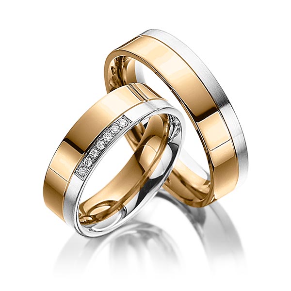 Paar bicolor Trauringe/Eheringe in Roségold 750 Palladium 950 mit zus. 0,07 ct. Brillant tw, si von Steinberg - Q-1089-6