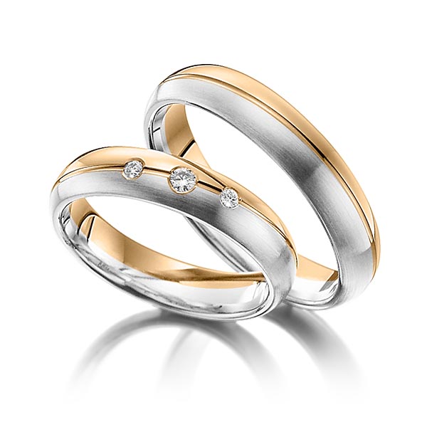 Paar bicolor Trauringe/Eheringe in Roségold 750 Palladium 950 mit zus. 0,08 ct. Brillant tw, si von Steinberg - Q-1094-8