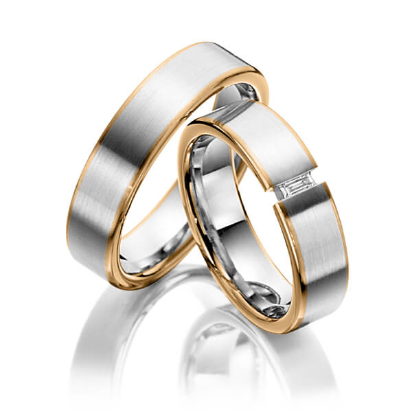 Paar bicolor Trauringe/Eheringe in Roségold 750 Platin 950 mit zus. 0,05 ct. Baguette-Diamant tw, vs von 123GOLD - Y-1261-14